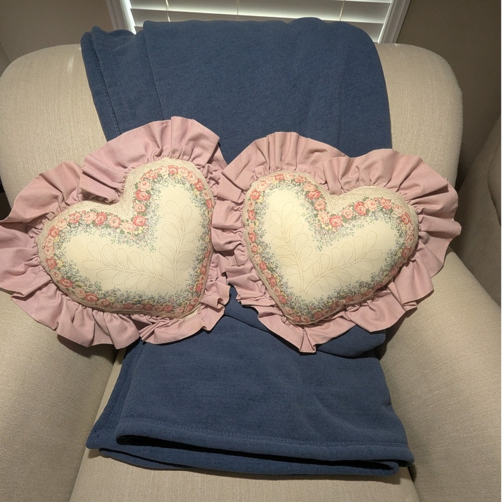 Heart Throw Pillows Pink Cream Floral Ruffle Set of 2 Cottagecore Nursery